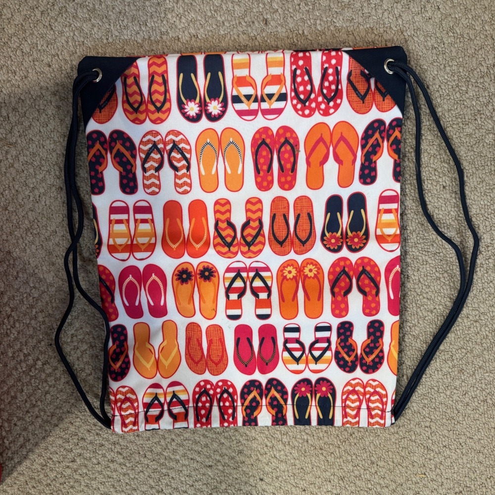 Colorful Flip Flop Print Drawstring Cinch Sack Beach Backpack Orange Navy Red